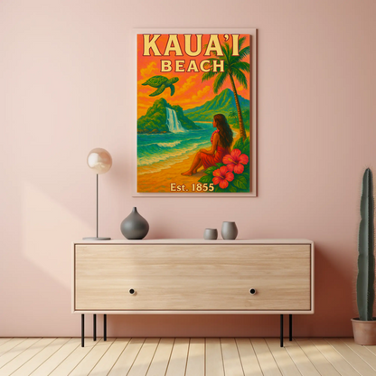 Kauai Beach Hawaii Waterfall Turtle Est 1855 Vintage Travel Poster
