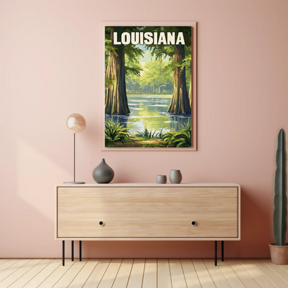Louisiana - Bayou and Swamp Landscape Vintage Travel Poster