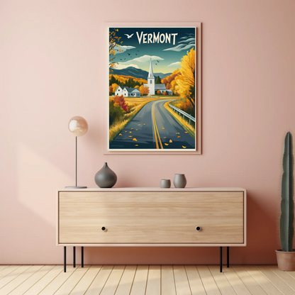 Vermont Vintage Poster - Autumn Road & Church