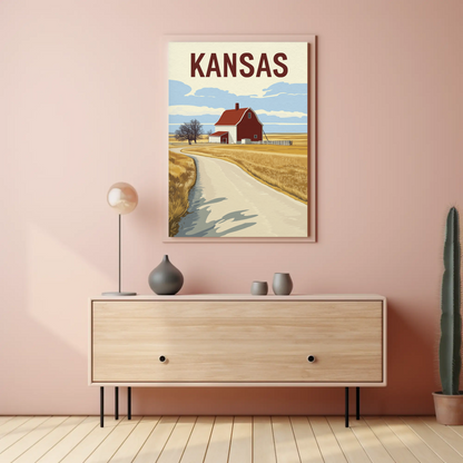 Kansas Barn Roadscape Vintage Poster