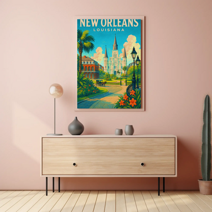 New Orleans Louisiana Cathedral Garden Vintage Travel Poster