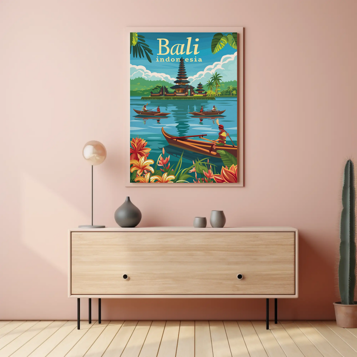 Bali Indonesia Vintage Travel Poster - Temple & Canoes