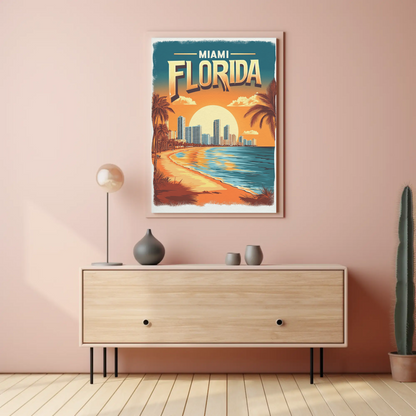 Miami Florida - Beach Sunset Vintage Travel Poster