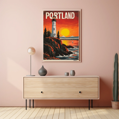 Portland Vintage Poster - Lighthouse at Sunset
