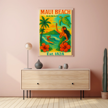 Maui Beach Hawaii Surf Dancer Est 1828 Vintage Travel Poster