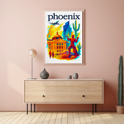 Phoenix Capitol Cactus Statue Airplane Desert Vintage Travel Poster