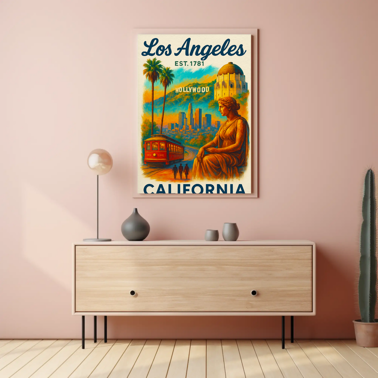 Los Angeles Hollywood Griffith Trolley Sunset Vintage Travel Poster