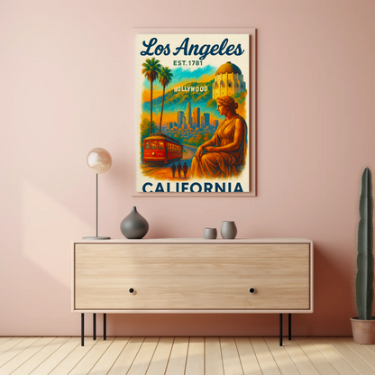 Los Angeles Hollywood Griffith Trolley Sunset Vintage Travel Poster