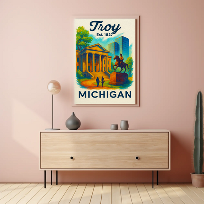 Troy Michigan City Hall Equestrian Statue Vintage Travel Poster