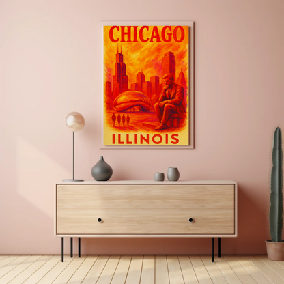 Chicago Skyline Bean Statue Modern Red Vintage Travel Poster Wall Art