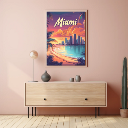 Miami Beach Sunset Vintage Travel Poster