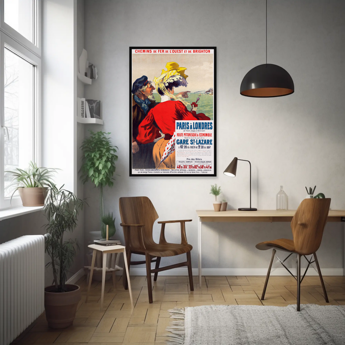 Paris To London Seaside View Couple Vintage Travel Poster