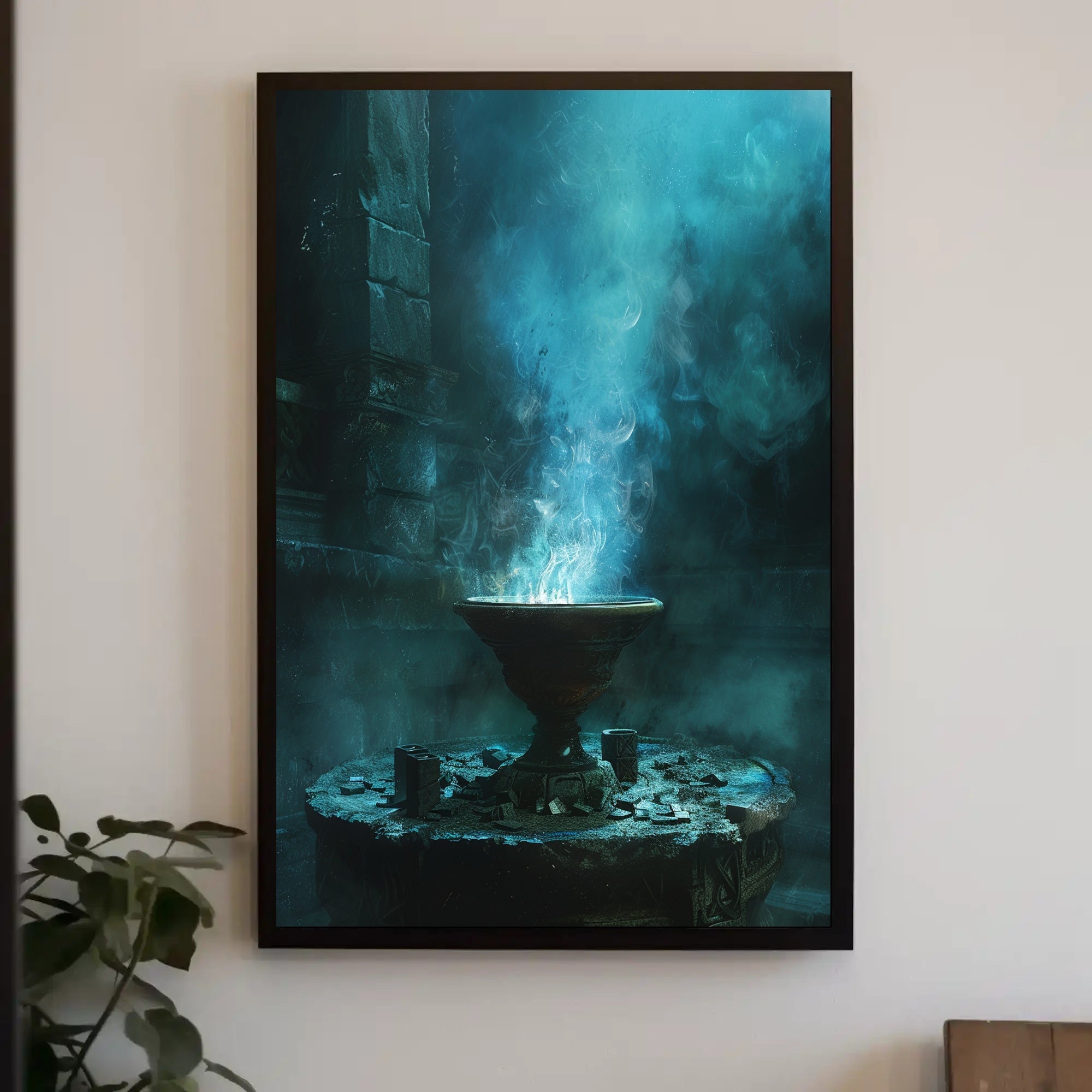 Mystical Ancient Temple with Enchanting Blue Flames PosterGoat