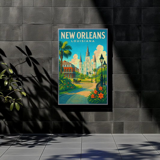 New Orleans Louisiana Cathedral Garden Vintage Travel Poster