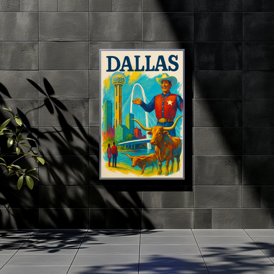 Dallas Skyline Cowboy Cattle Reunion Tower Vintage Travel Poster Wall Art