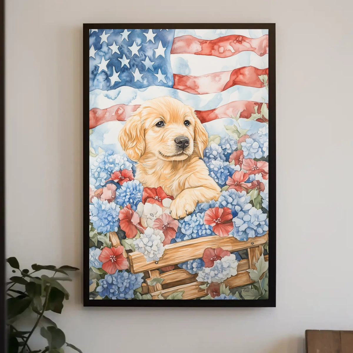 Golden Retriever Puppy In A Wagon With Flowers Poster