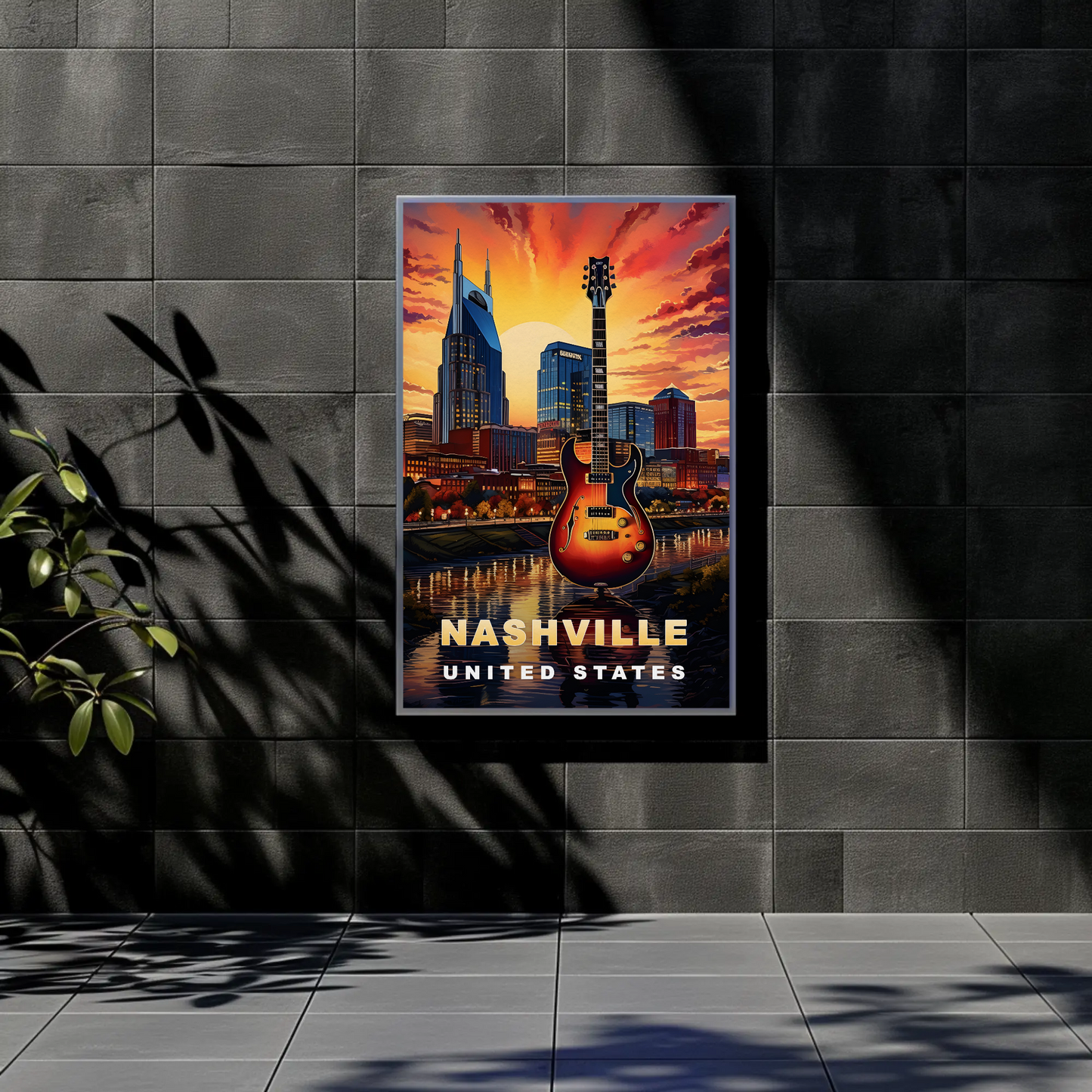 Nashville Tennessee Guitar Sunset Skyline Vintage Travel Poster