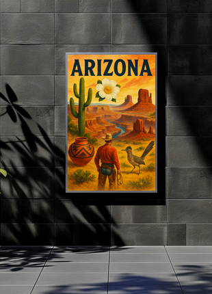 Arizona Desert Cowboy Saguaro Sunset Vintage Travel Poster