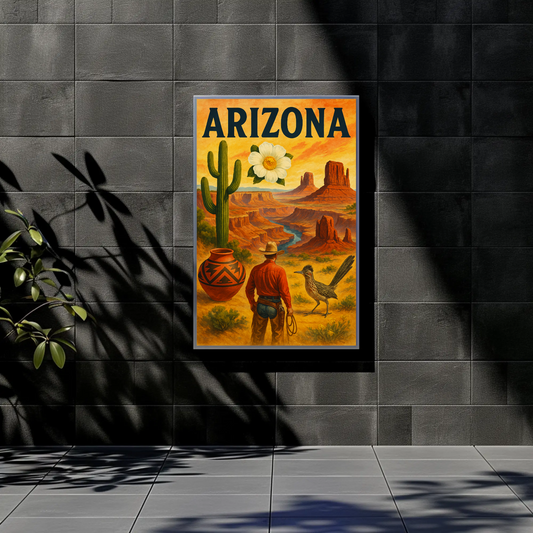 Arizona Desert Cowboy Saguaro Sunset Vintage Travel Poster