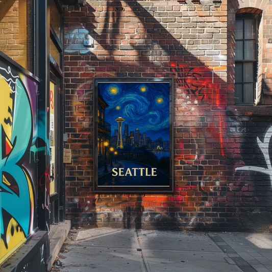 Seattle Space Needle Starry Night Skyline Glow Travel Poster