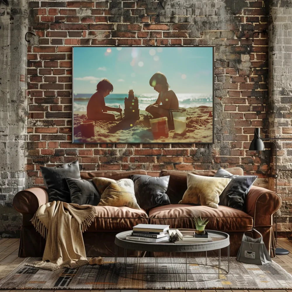 Serene Beach Scene: Children Building Sandcastle Poster
