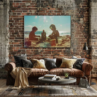 Serene Beach Scene: Children Building Sandcastle Poster