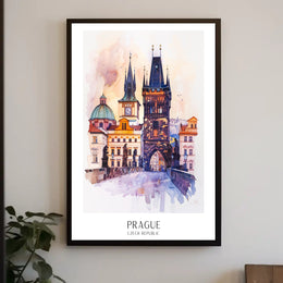 Prague's Charles Bridge Watercolor Urban or Cityscape Poster PosterGoat