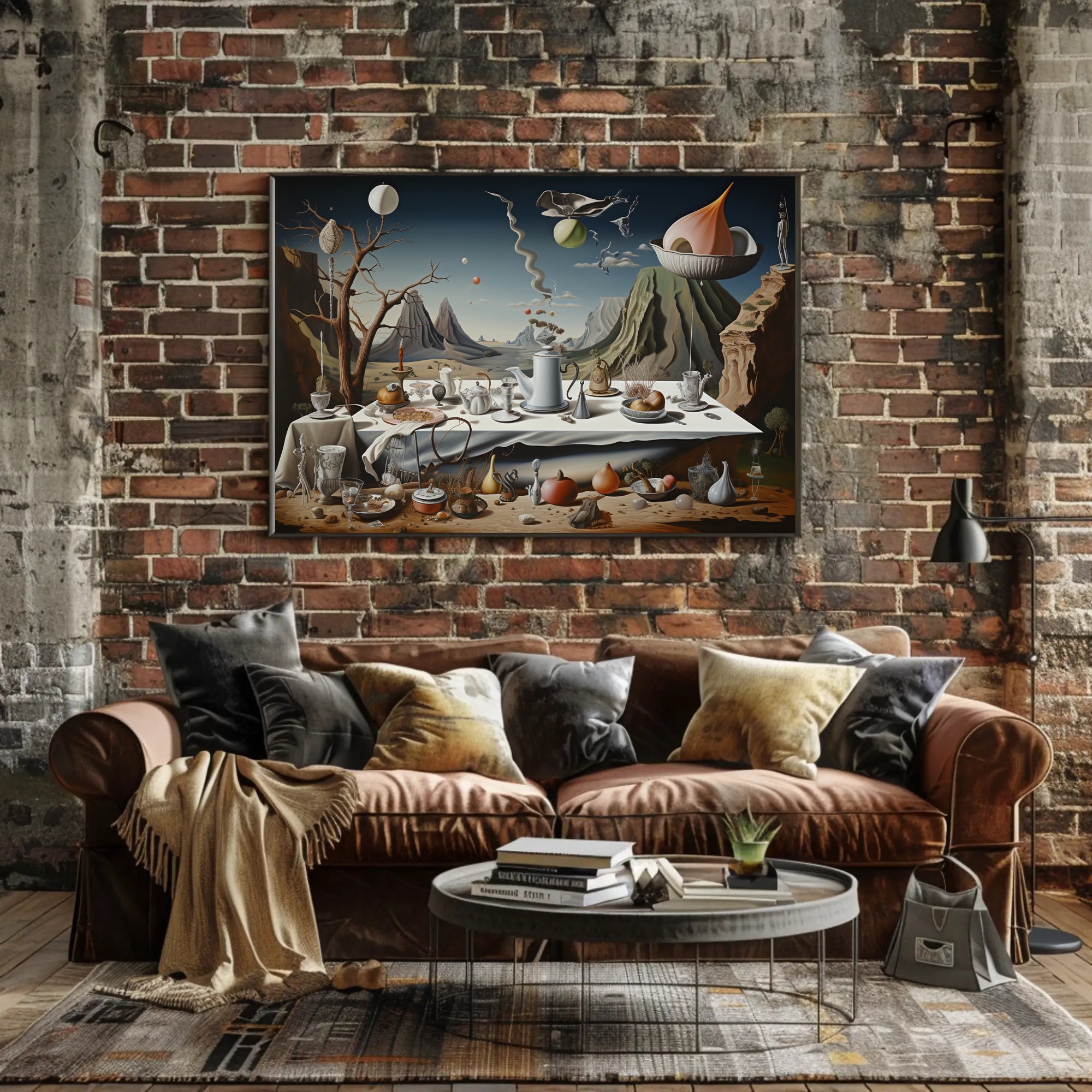 Surreal Dreamscape with Chaotic Still Life Artistic Poster