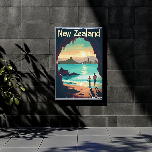 New Zealand Beach City Sunset Cave View Vintage Travel Poster