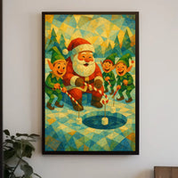 Whimsical Christmas Poster: Santa and Elves Ice Fishing