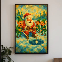 Whimsical Christmas Poster: Santa and Elves Ice Fishing