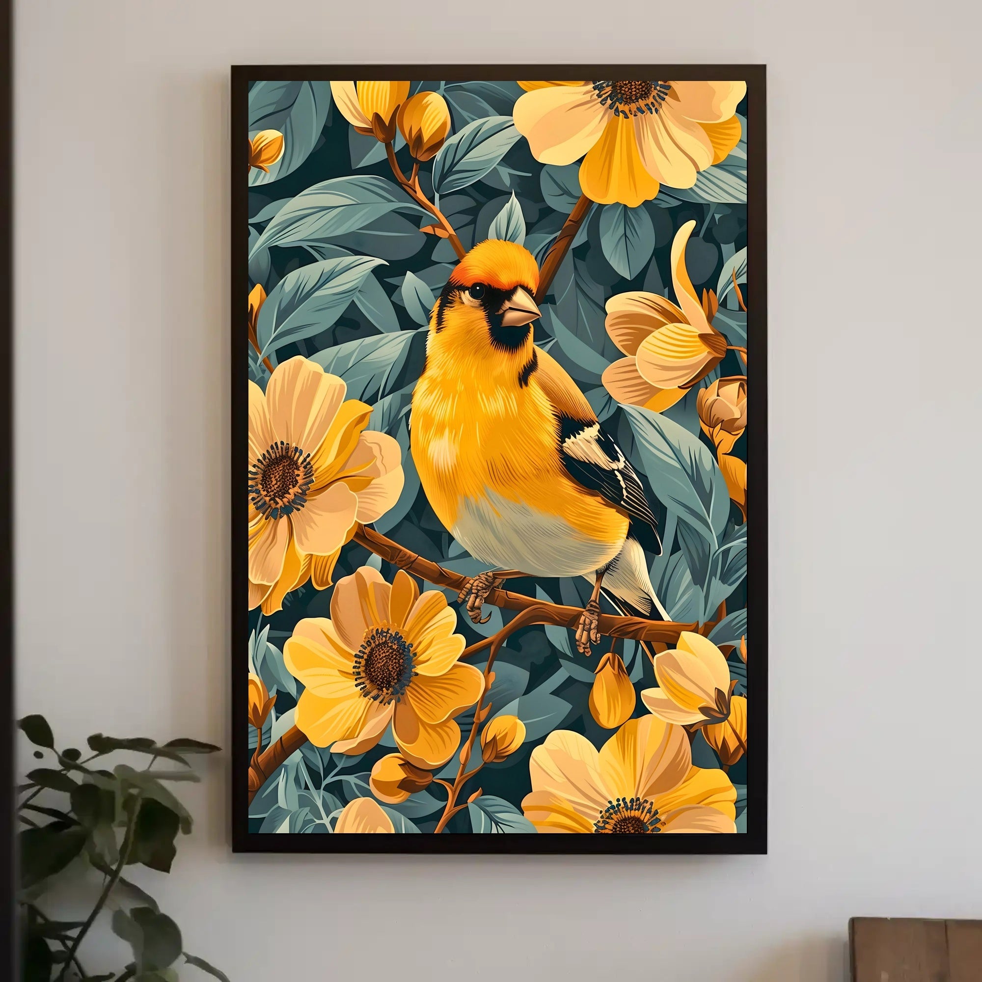 Golden Bird and Blossoms Wall Art Print