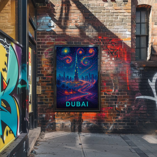 Dubai Burj Khalifa Starry Neon Skyline Night Travel Poster