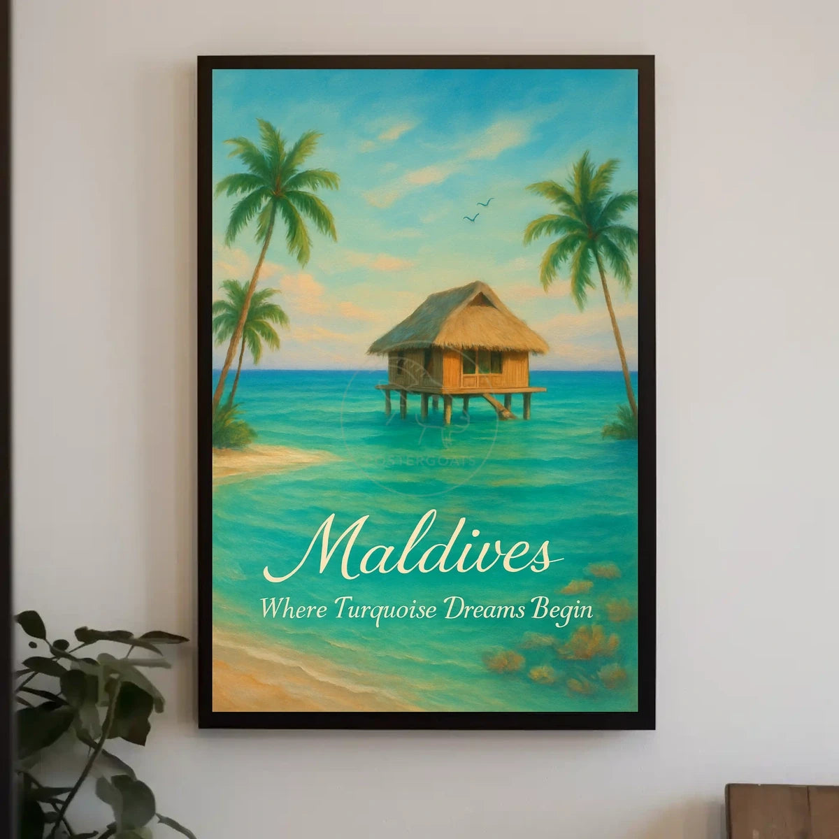 This poster vividly captures a serene tropical paradise, likely set in the Maldives, Travel Poster