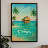 This poster vividly captures a serene tropical paradise, likely set in the Maldives, Travel Poster