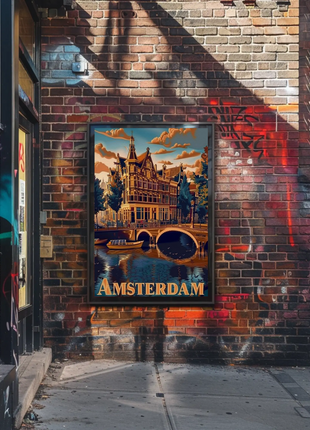 Amsterdam Canals Historic Architecture Boats Scenic Travel Poster
