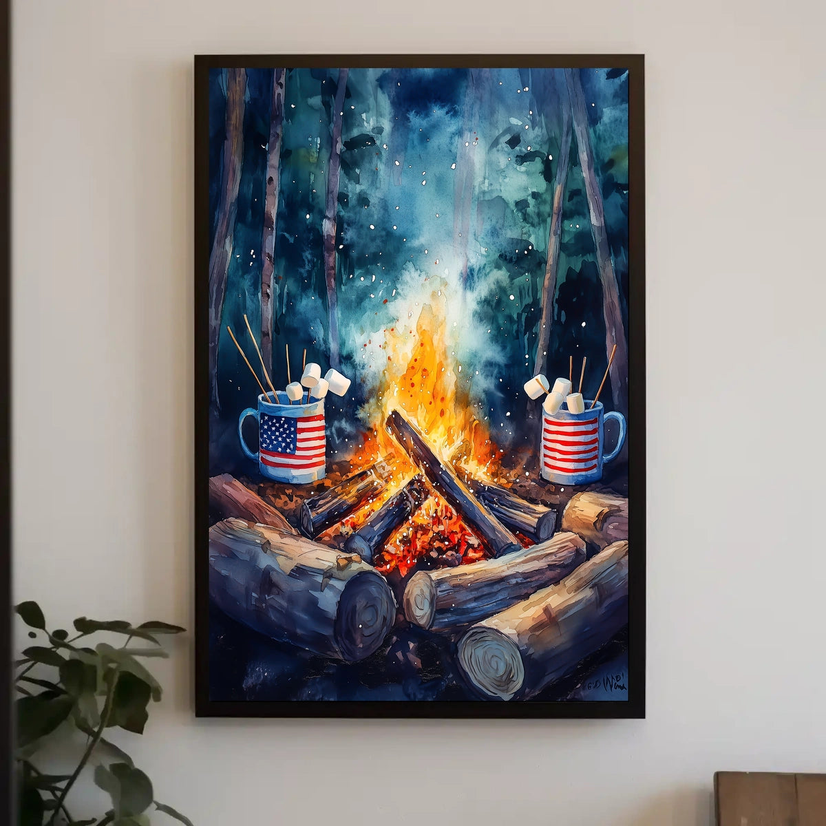 Cozy Campfire Night With American Flag Mugs Outdoor Poster