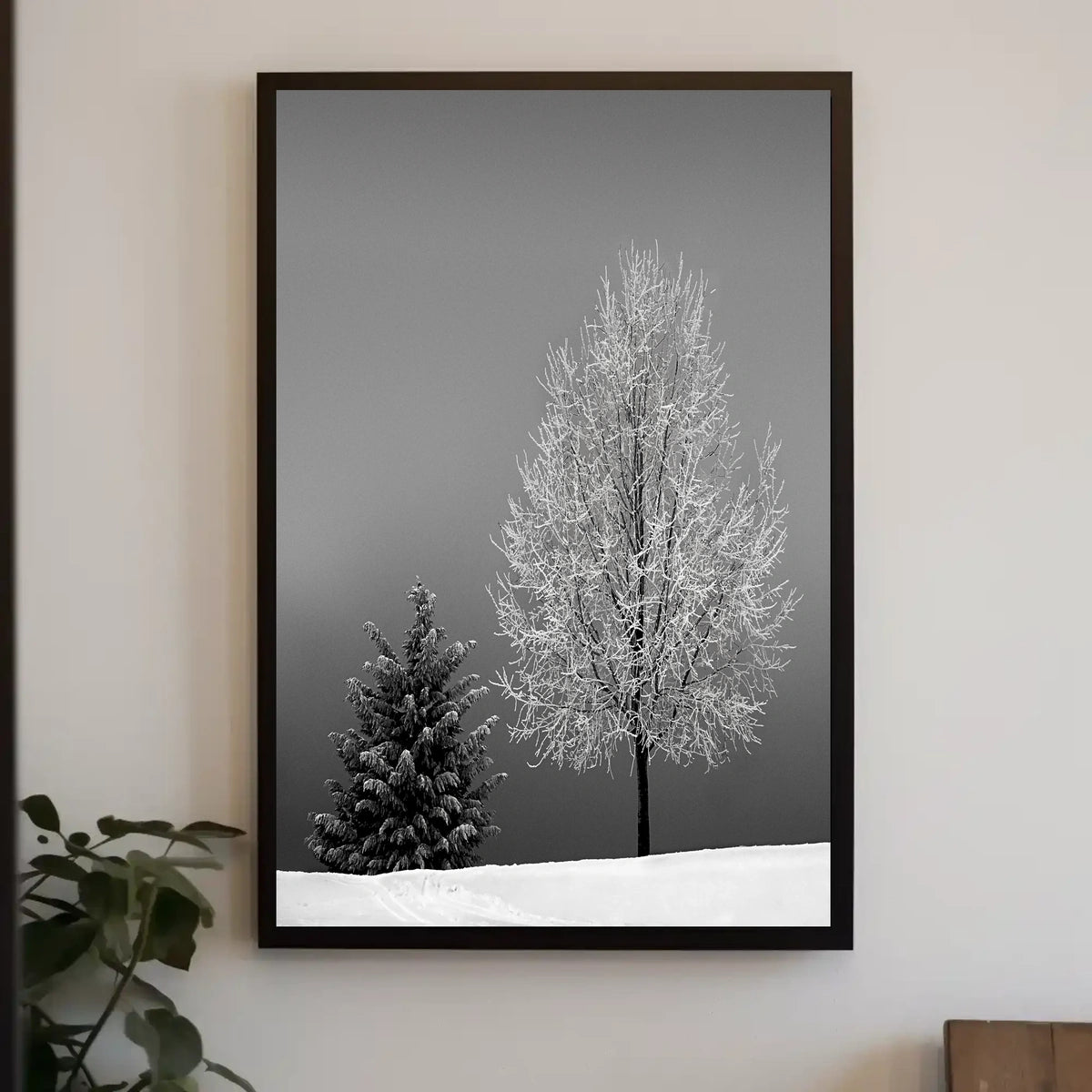 Serene Winter Landscape: Minimalist Black and White Artistic Poster