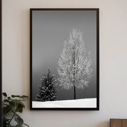 Serene Winter Landscape: Minimalist Black and White Artistic Poster