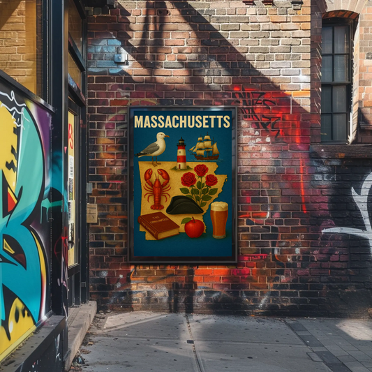 Massachusetts Symbols Map Lobster Ship Hat Poster
