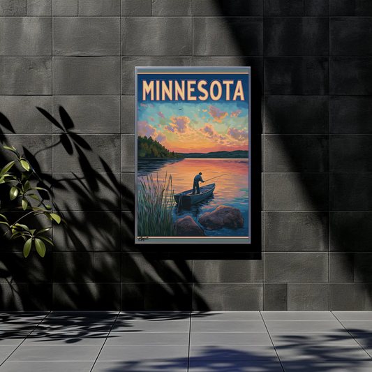 Minnesota Sunset Fishing Vintage Poster