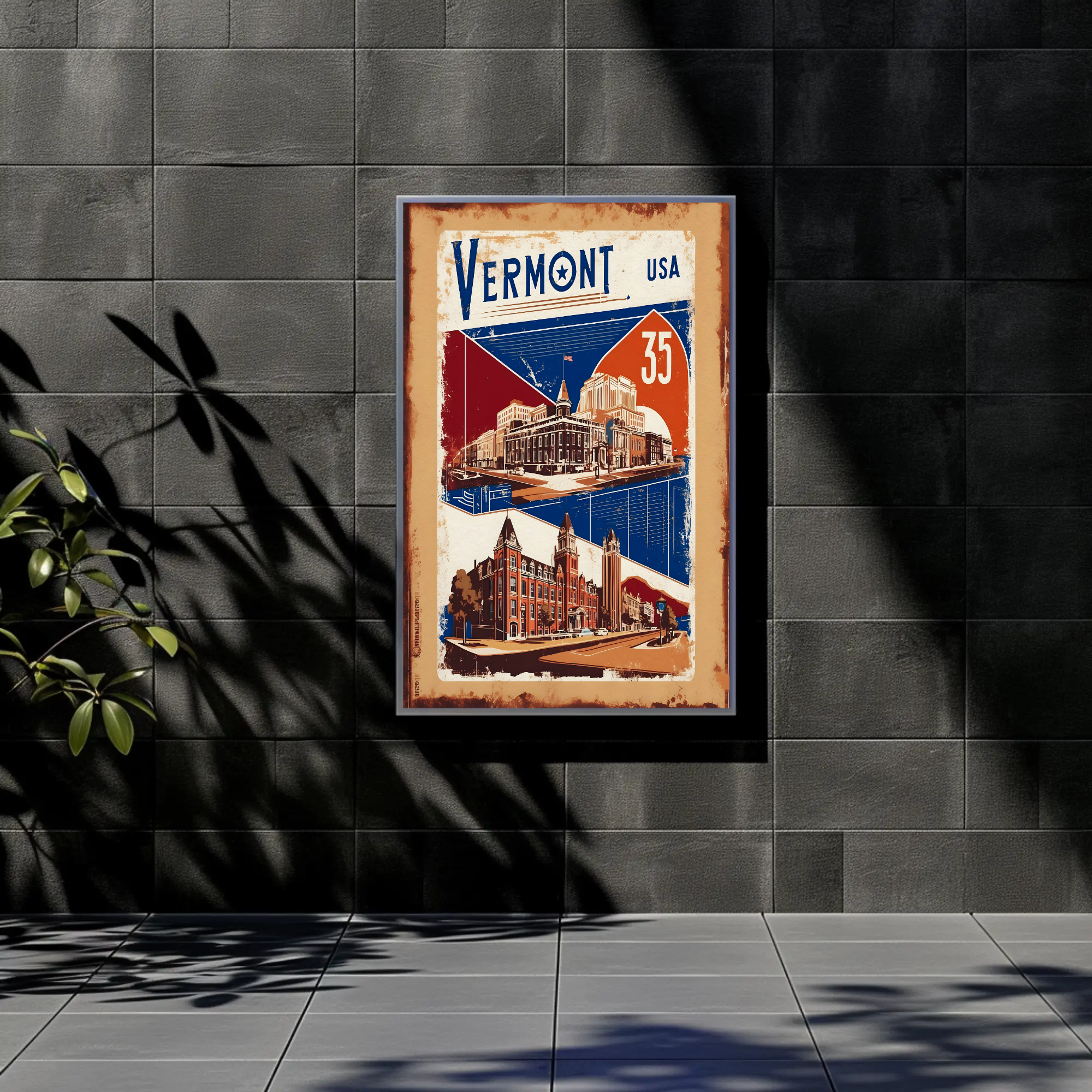 Vermont USA Historic Red Brick Skyline Travel Poster