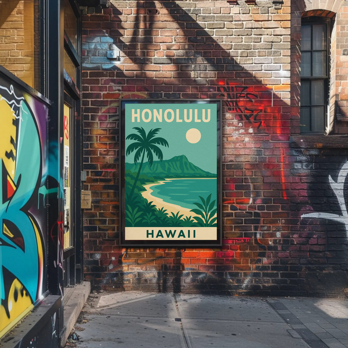 Honolulu Hawaii Beach Palm Trees Coastline Travel Poster