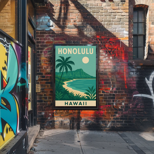Honolulu Hawaii Beach Palm Trees Coastline Travel Poster