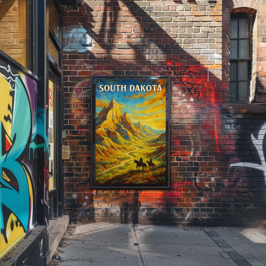 South Dakota Riders In Badlands Mountain Scene Travel Poster
