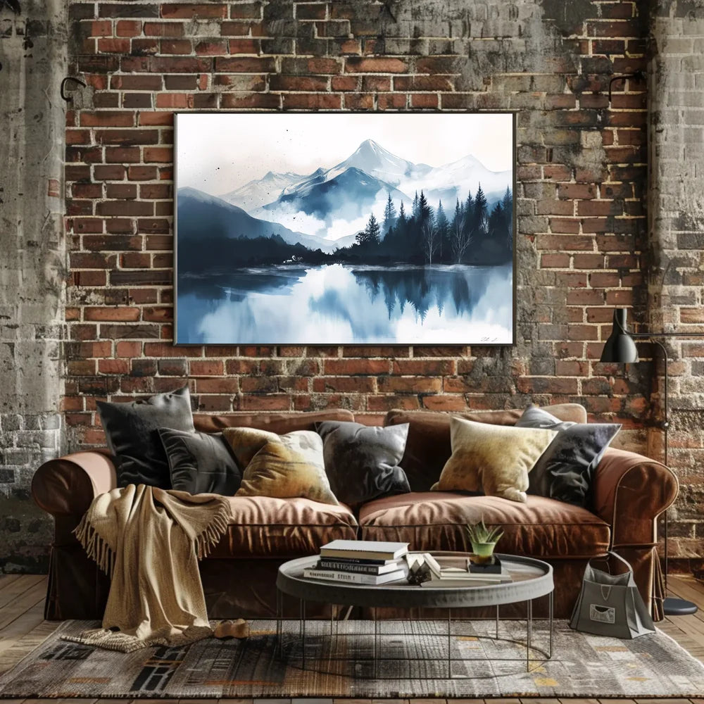 Serene Snowy Mountain Watercolor Landscape Poster