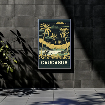 Caucasus Desert Palms Camel Rider Landscape Vintage Travel Poster