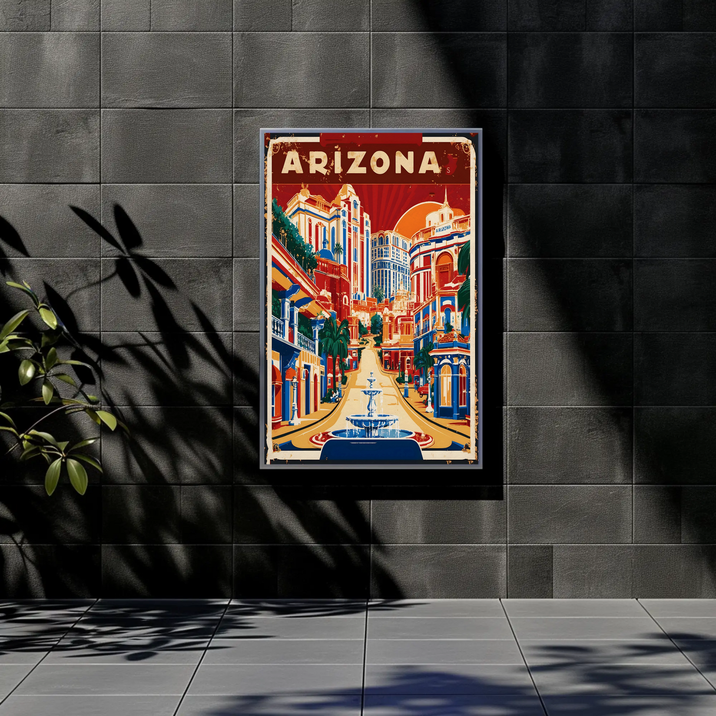 Arizona Bold Hillside Downtown Retro Travel Poster USA
