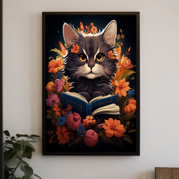 Whimsical Cat Portrait with Vibrant Floral Accents