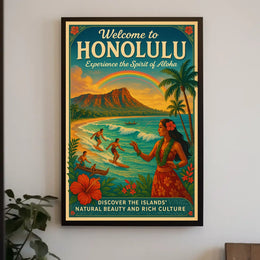 Honolulu Vintage Travel Poster Surf, Sun, Aloha Vibes